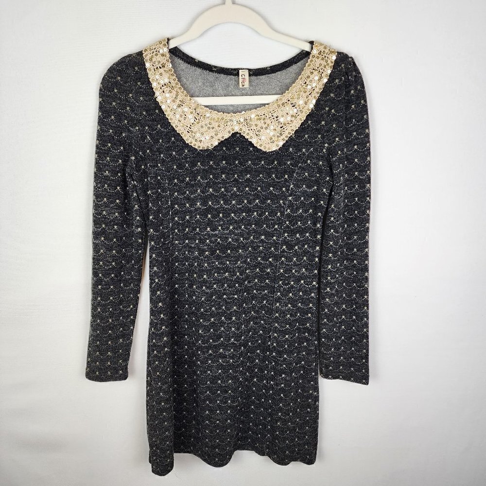 Click Funny Grey Knit Mini Dress Sequin Crochet Peter Pan Collar Long Sleeve